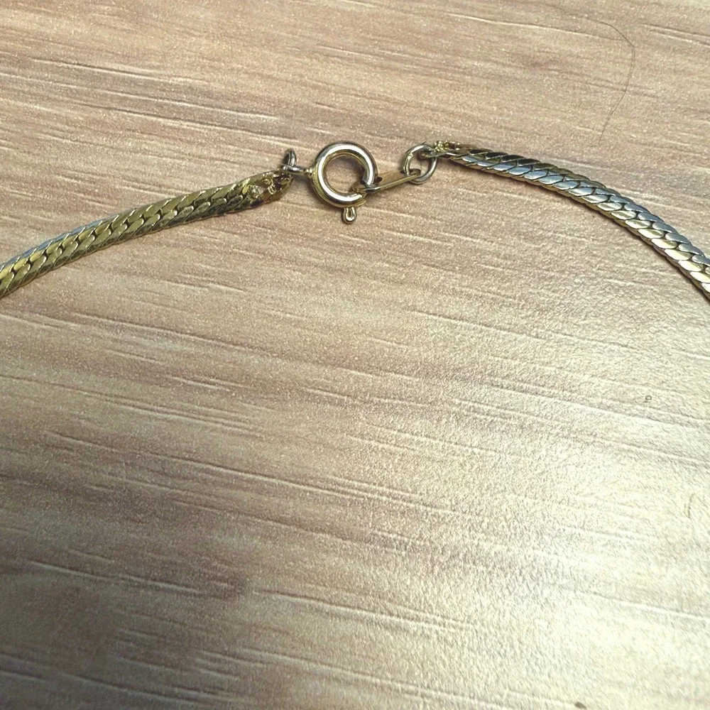 Gold Tone Curved‎ Wave Necklace Clear Rhinestone Vintage Inspired